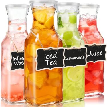 Imagem de PIEMEET 4 garrafas de vidro com tampa, jarra quadrada de vidro transparente de 1 litro, jarra de água, jarra para servir bebidas com etiquetas de nome para bar Mimosa, brunch, água fria, suco, leite