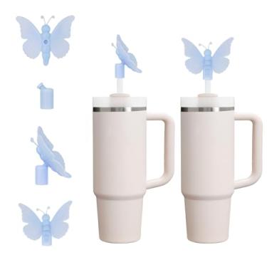 Imagem de Tampa de palha de silicone borboleta 3D fofa azul para copo Stanley de 30 e 1,134 g com alça, tampas de canudo reutilizáveis à prova de poeira de 10 mm