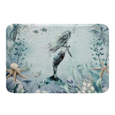 Imagem de Erosebridal Tapete sereia para uso ao ar livre, azul-petróleo, oceano, praia, litoral, 41 x 61 cm, para meninas, tentáculos de polvo, estrela-do-mar, tapete de cozinha, criatura subaquática, coral,