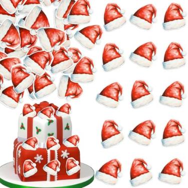 Imagem de Gyufise 48Pcs Edible Merry Christmas Cupcake Toppers Edible Wafer Paper Christmas Santa Hat Cake Topper Women Men Birthday Party Anniversary Party Decorations Supplies Red White