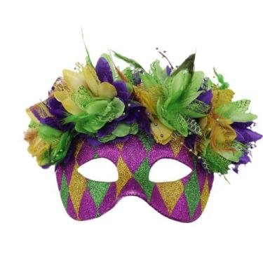 Imagem de Máscara de penas Mardi Gras roxa, verde brilhante, PVC, cosplay - yiwe