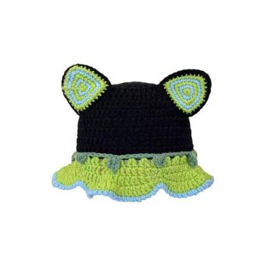 Imagem de Chapéu de crochê, orelha de gato, feito à mão, gorro de malha verde pa