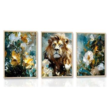 Imagem de YCXDMJ 3 peças de arte de parede em tela floral de leão flores brancas douradas folhagem verde pinturas realistas da natureza impressões decoração de parede para sala de estar quarto sem moldura