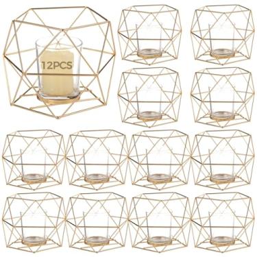 Imagem de 12 peças de castiçais geométricos Tealight, suporte de vela com moldura de ferro dourado com vidro, mesa de jantar de casamento decoração de festa