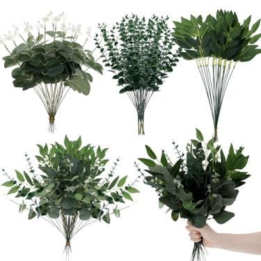 Imagem de Falzqq 160 peças de folhas artificiais de eucalipto, 4 tipos de folhas artificiais de eucalipto, folhas de salgueiro, folhas de salgueiro, plantas falsas, decoração para casamentos, festas, casa