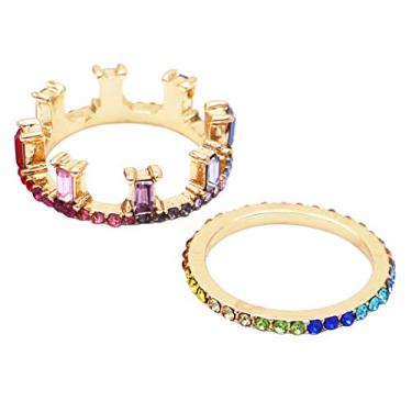 Imagem de Rosemarie & Jubalee Conjunto feminino dourado de 2 deslumbrantes anéis empilháveis de coroa baguete de cristal rainha, rainha, arco-íris, Cristal, Cristal