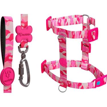Imagem de Kit H 3 em 1 Com Peitoral H Para Cachorro, Guia Tradicional e QR Code Localizador (Camuflado Rosa, P)