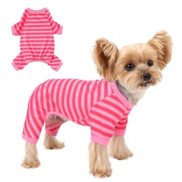 Imagem de Pijama para cachorro, macacão elástico para filhotes, pijama listrado confortável, roupa leve e macia para filhotes, roupas de cachorro para meninas e meninos pequenos