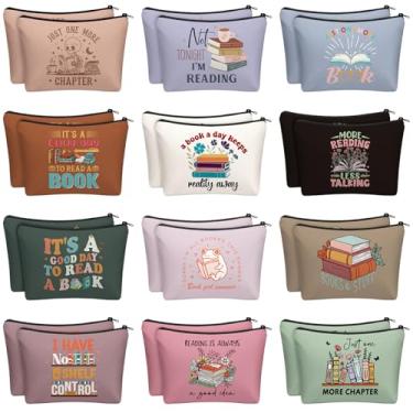 Imagem de Cosblank Pacote com 24 sacos de maquiagem para amantes de livros, bolsas de cosméticos a granel, presentes para leitoras, bibliotecárias, mulheres, lembrancinhas de amantes literárias de Natal