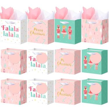 Imagem de AmazingSpark 24 sacos de papel kraft para presente de Natal com alças de etiquetas de papel de seda sacos de Natal médios com alça de fita para embrulho de presente de Natal, 12 x 10 x 7 cm (Xmas