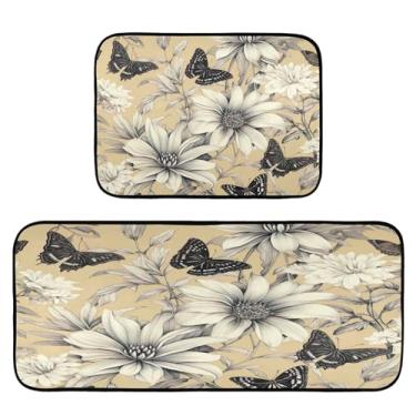 Imagem de Wassud Tapetes de cozinha borboleta preto-branco para piso decoração de casa tapetes de cozinha acolchoados antifadiga tapetes de cozinha antiderrapante lavável essencial de cozinha conjunto de 2