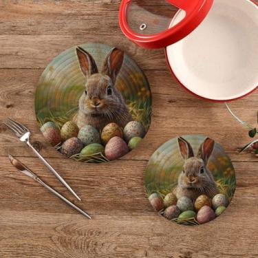 Imagem de CEBUGI Conjuntos de suportes de panela redondos de algodão para panelas quentes resistentes ao calor para cozinhar e assar, 2 peças de ovos de coelhinho da Páscoa