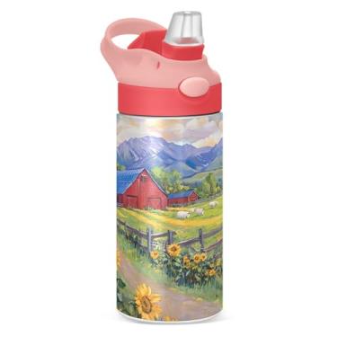 Imagem de xigua Garrafa de água infantil Farm Red Tractor com canudo – Copo de aço inoxidável à prova de vazamento de 340 g para esportes, creche