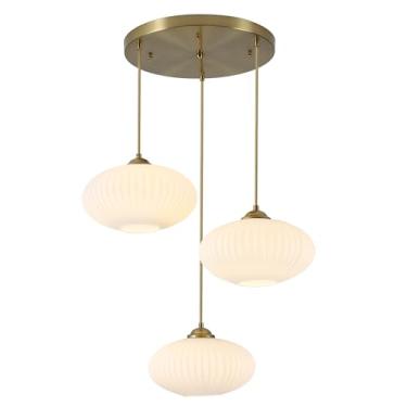 Imagem de Luminária pendente moderna com 3 lâmpadas, ideal para cozinha. Lustre com globo dourado. Lustre grande de vidro leitoso. Luminária de teto embutida para sala de jantar e sala de estar.