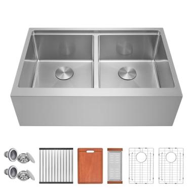 Imagem de MILOSEN Pia de cozinha de fazenda de 76 cm, avental de estação de trabalho de aço inoxidável de 76 cm x 56 cm, pia frontal com acessórios, pias de fazenda de tigela dupla 50/50, pias artesanais