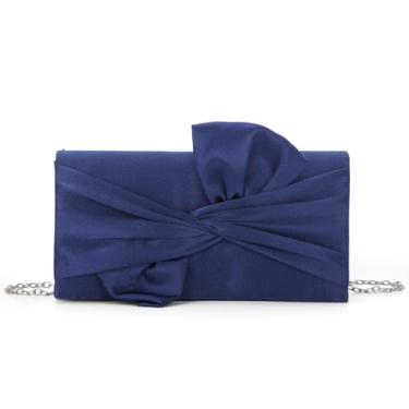 Imagem de Fecialy Bolsas femininas de cetim com aba de laço para noite bolsas formais elegantes para festas de casamento, Azul escuro