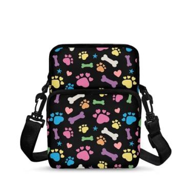 Imagem de CLOHOMIN Bolsa mensageiro pequena para mulheres e homens, bolsa para celular, carteira, bolsas pequenas da moda, pochete bolsa mensageiro, Pata de cachorro colorida preta