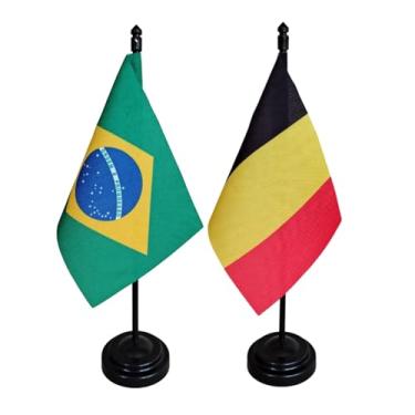 Imagem de Kit Bandeira de Mesa Brasil e Bélgica, 26cm Altura, 18x11cm, Multicolorido, Oxford, Base Plástica, Decoração para Escritório e Eventos