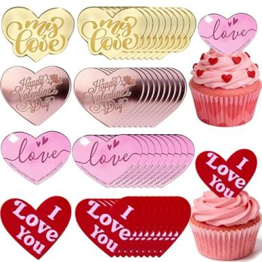 Imagem de 40Pcs Valentine's Day Cupcake Toppers - Romantic Heart Shaped Acrylic Cake Decorations with Mirror Finish, Sweet Love Cake Picks for Valentines Party, Anniversary, Wedding Dessert Decor