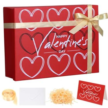 Imagem de Ctosree Caixa de presente feliz dia dos namorados com tampa para presentes, caixa de papelão grande de luxo dobrável de coração vermelho 33,5 x 25 x 10 cm para embalagem de presente, contém cartão