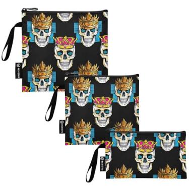 Imagem de Skulls Black Cool Art Sacos de lanche de tecido lavável e saco de sanduíche reutilizáveis, sacos de armazenamento de alimentos com zíper para viagens, trabalho, escritório, escola (conjunto de 3: P/M