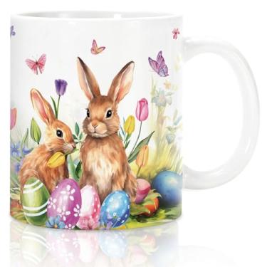 Imagem de Whaline Caneca de Páscoa Copo de Cerâmica Aquarela Colorido Coelho Coelho Ovo Caneca de Café para Páscoa Primavera Suprimentos Mesa Centro, 340 g