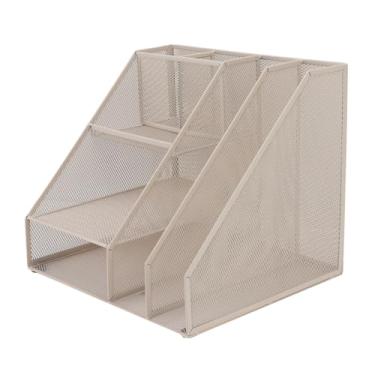 Imagem de Cryfokt Organizador de Arquivo de Mesa de Metal Resistente 2 Seções 3 Bandejas 2 Porta-canetas para Mesa de Escritório