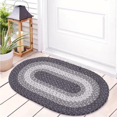 Imagem de RCTJHOME Tapete trançado oval de 6 cm x 7 cm com fitas antiderrapantes, tapete de entrada impermeável de polipropileno, tapetes internos/externos para porta da frente/traseira, tapetes laváveis para