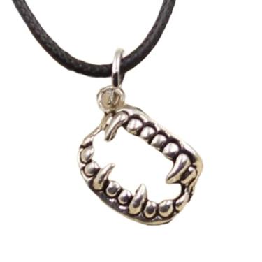 Imagem de EDCRFV Colar de prata de dentes de vampiro de couro preto com pingente de dia das bruxas