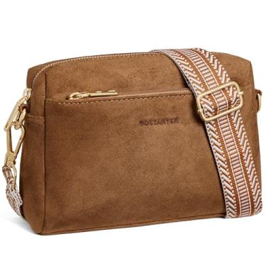 Imagem de BOSTANTEN Bolsa tiracolo pequena feminina com zíper triplo para celular, bolsa de ombro com alça larga para violão, camurça marrom
