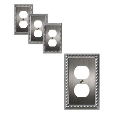Imagem de TREEWELL Pacote com 4 capas de tomada duplex, placas de parede de metal prata para tomadas elétricas, 1 capa de interruptor de luz de receptáculo de grupo, placas decorativas de pérolas e tampas de