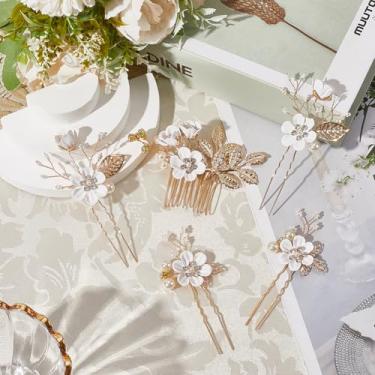 Imagem de Conjunto de acessórios de 5 peças de flores de cabelo branco, grampos de cabelo, pentes, vintage, brilhante, folhas florais, pérolas, strass, presilha, antiderrapante, pino em forma de U para mulheres