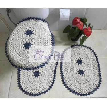 Imagem de Jogo de Banheiro Flor Bordada em Crochê 3 Peças - Myrna Crochê, Azul B