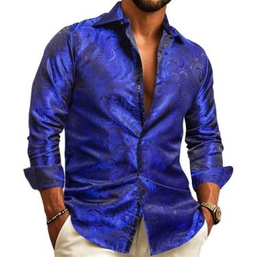 Imagem de Camisa social Disco Barry.Wang masculina Paisley de manga comprida azu