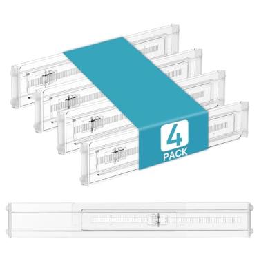 Imagem de Vtopmart Pacote com 4 divisórias rasas de gaveta, 6 cm de altura 32,2 cm - 53,7 cm organizador expansível ajustável de cozinha, separadores organizadores de plástico transparente para talheres