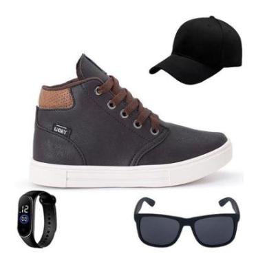 Imagem de Tênis Botinha Infantil Masculino Casual Cano Alto Confortavel + Bone + Oculos + Relogio-Masculino