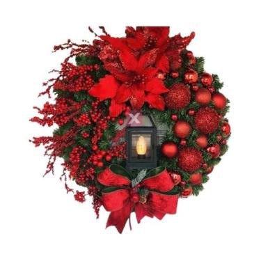 Imagem de Guirlanda De Natal Vermelha De 45cm Com Lâmpada E Flores, Ornamento De