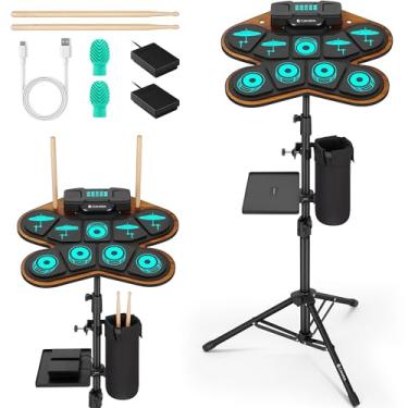 Imagem de CAHAYA Bateria elétrica infantil – Conjunto de bateria eletrônica 9 pads com alto-falantes duplos MIDI kit de bateria elétrica portátil para iniciantes presente com bandeja pequena, suporte de tripé