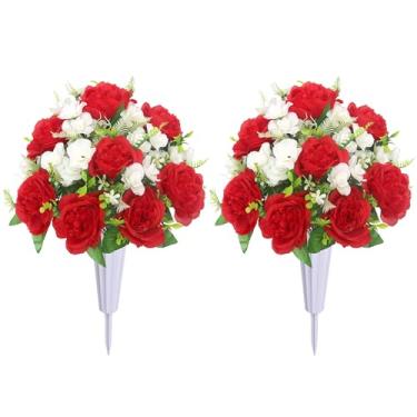 Imagem de LOSFOTBO Flores artificiais de cemitério com vaso – Conjunto de 2 buquês de peônia e vasos memoriais para decoração ao lado do túmulo, flores realistas para decoração de lápides (vermelho branco)