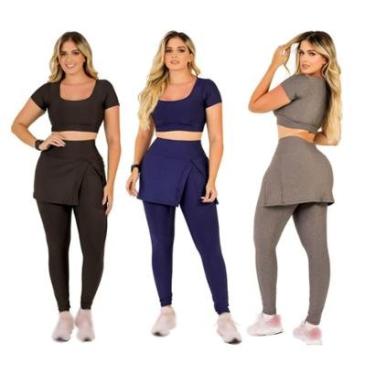 Imagem de Kit 3 Conjuntos Fitness Moda Evangélica Calça Legging Saia Com Bolso e Top Cropped The...