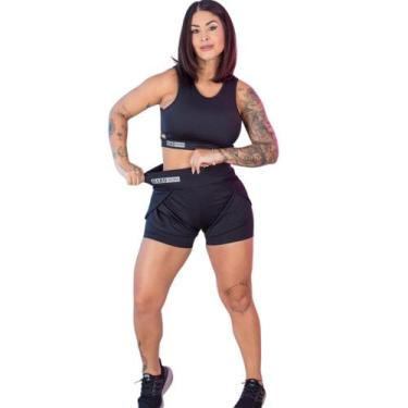 Imagem de Conjunto Fitness Dry Fit Short Sobreposto e Top Preto com Silk - Lievi