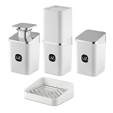 Imagem de Kit Higiene Slim 4 Peças Para Banheiro Com Porta Escova Sabonete Líquido Porta Algodão E Saboneteira UZ cor:Branco/Prata