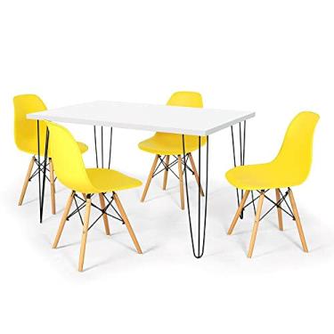 Imagem de Conjunto Mesa de Jantar Hairpin 130x80 Branca com 4 Cadeiras Eames Eiffel - Amarelo