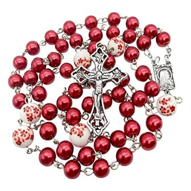 Imagem de Nazareth Store Rosário de contas de pérolas, colar com contas de flores brancas, medalha de Lourdes e crucifixo de cruz, 21", Vidro, Sem Pedra Preciosa