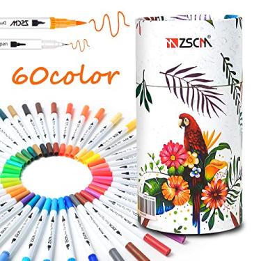Imagem de Conjunto de marcadores de arte com ponta dupla de 60 cores ZSCM, ponta fina e pincel, caneta dupla colorida para crianças, adulto, colorir, desenho, bala, agenda, calendário, projetos artísticos