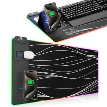 Imagem de Tapete de mouse XXL com suporte para telefone, tapete de mesa RGB com carregamento rápido de 15 W, mouse pad grande de LED para jogos com 11 cores de luzes, mouse pads longos, almofada de mesa