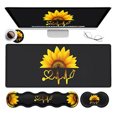 Imagem de Conjunto de mouse pad ergonômico, tapete de mesa (80 × 28 cm) + suporte de descanso de pulso para teclado + descanso de pulso para mouse + porta-copos para escritório, casa, computador, laptop - estampa de girassol enfermeira preto para jogos grandes