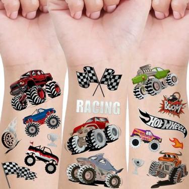 Imagem de Groovy Tatuagens temporárias metálicas Monster Truck, 63+ peças de desenho animado flash glitter prata caminhões tatuagens para crianças meninos meninas criança, carro de corrida bandeira quadriculada