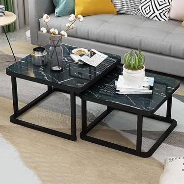 Imagem de Conjunto de mesa de centro aninhada com 2 mesas laterais empilháveis, tampo de mesa de vidro temperado liso com efeito de mármore para sala de estar, mesas de sofá de metal, moldura preta, 7