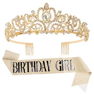 Imagem de Coroas de Aniversário para Mulheres, Tiara de Cristal Dourada e Kit de Faixa de Aniversário, Tiaras e Coroas para Mulheres Meninas Elegante Coroa de Princesa com Pentes Tiara Faixa de Aniversário para Mulheres Presente Festa de Noiva